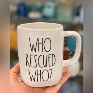 NEW Rae Dunn Who Rescued Who? Coffee Mug Ceramic White